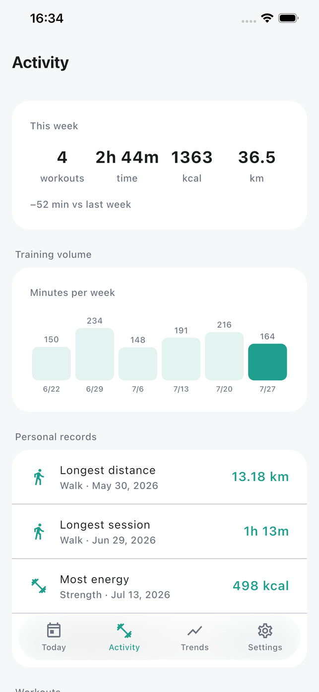 Attuno Activity screen: this week's workouts, a six-week training-volume chart and personal records