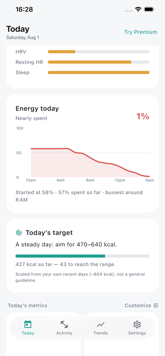 Attuno Energy today: a charge curve draining from 58% through the day, with Today's target asking for 470 to 640 kcal and 427 done so far