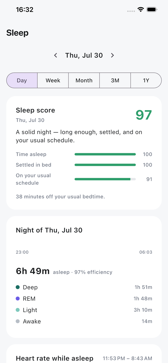 Attuno Sleep detail with last night's stages and how the night compares to the usual range
