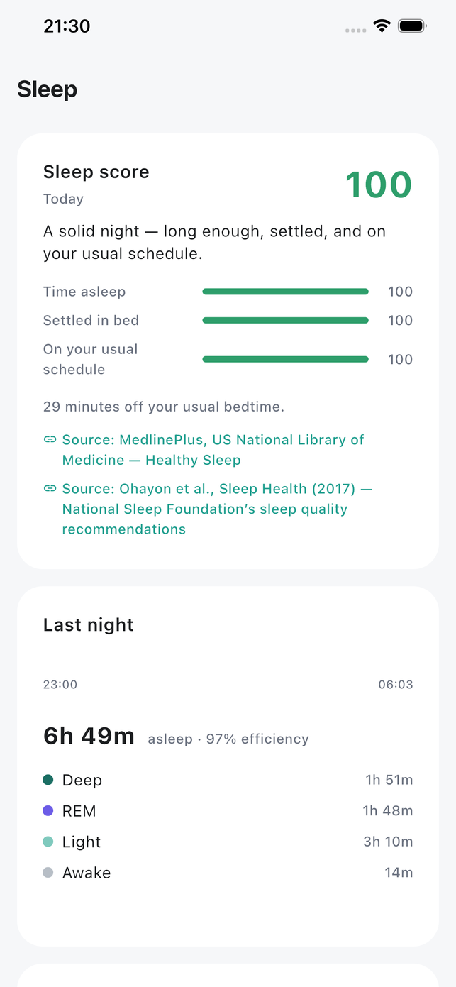 Attuno Sleep detail with last night's stages and how the night compares to the usual range