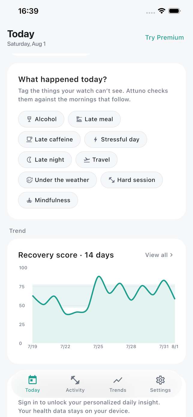 Attuno day tags: alcohol, late meal, late caffeine, stressful day, late night, travel, under the weather, hard session and mindfulness, each one tappable