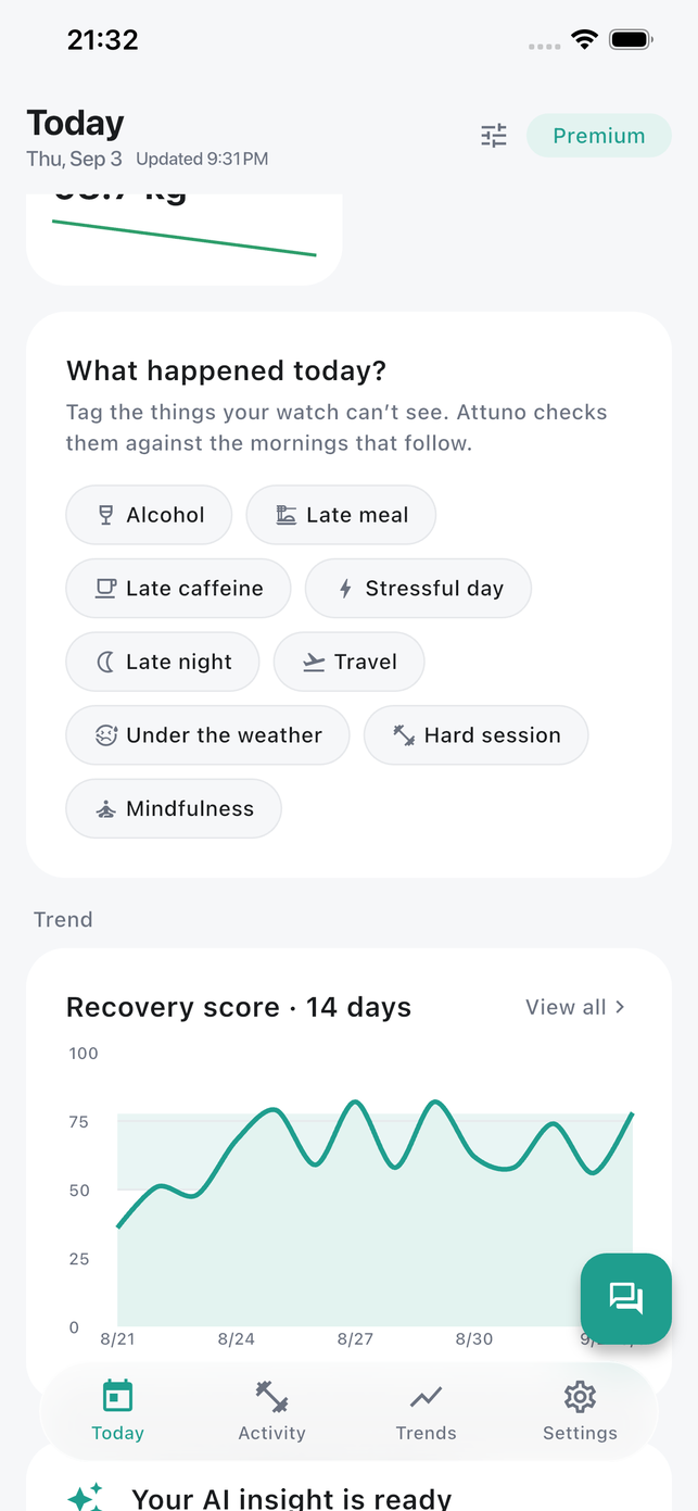 Attuno day tags: alcohol, late meal, late caffeine, stressful day, late night, travel, under the weather, hard session and mindfulness, each one tappable