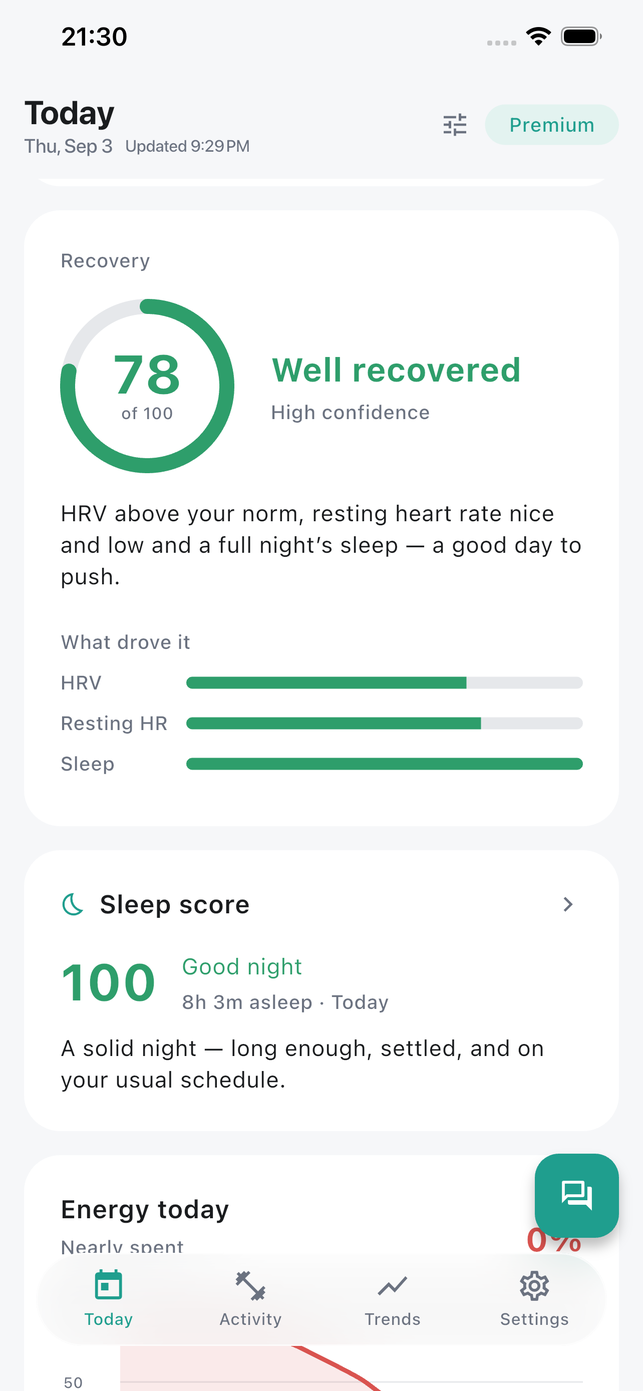 Attuno Today screen: a Recovery score of 58 rated Moderate, the sentence explaining what drove it, the week's green-day dots, and the HRV, resting heart rate and sleep contributions