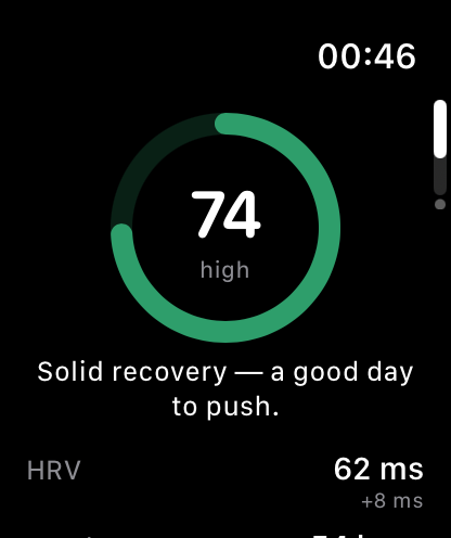Attuno on Apple Watch showing a Recovery score of 74 in a green ring, with the line 'Solid recovery — a good day to push'